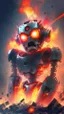 Placeholder: chrome robot , glowing red eyes, explosion in the background