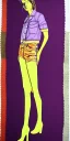 Placeholder: Model, woman. sérigraphie on denim with orange,terracotta, cream and purple colors. Camouflage patterns are screen printed on denim and felt. Woman in her 30's, thick thighs, thick calves, flat belly, wide hip. Mantle is sewed of recycled Denim and sewed together of camouflage pieces. It is with big bright purple felt tippet and cream-colored-hood. mantle is merged with satchel. Style: Haute Couture in 1920's and 1990's in New York. Paris in 2023