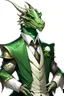 Placeholder: A silver Dragonborn from dnd wearing a tuxedo green eys