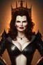 Placeholder: Geena Davis as evil queen in black leather, leather, busty, cleavage, angry, rage, stern look. character design by cory loftis, fenghua zhong, ryohei hase, ismail inceoglu and ruan jia. unreal engine 5, artistic lighting, highly detailed, photorealistic, fantasy