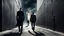 Placeholder: a high realistic photo from a business man walkings on street his own shadow as devil walking behind on big wall , modern city, weird atmosphere.detalied, sharp focus, surreal mood, thriller, dark dream