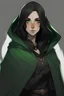 Placeholder: girl rogue with black hair, pointy ears and green eyes in a black cloak