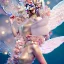 Placeholder: fantasy fairy with transparent wings, smiling, make up, tatoo, elven crown, long platinum blond hair, pink dress, octane render