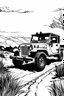 Placeholder: Outline art, no shading, jeep on the road, cartoon style, black and white, low detail, --ar 9:11