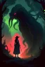 Placeholder: an illustration of a witch standing next to a monster with large tentacles, in the style of raphael lacoste, silhouette lighting, daniel f. gerhartz, #screenshotsaturday, raw and powerful, dark themes