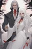 Placeholder: Vampire count Strahd Von Zarovich has long black hair and red eyes, with a woman with white hair