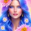 Placeholder: Beautyful smiling young woman, long hair amazing blue eyes, flowers, happy cosmic, bright colors, blue, pink, gold, jewels, realistic, photo real, clear sunny background, highly detailed, high contrast, 8k high definition, unreal engine 5, extremely sharp detail, light effect, sunny light background