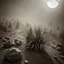 Placeholder: A striking quality Kodak photograph captures a wasteland with a group of plants, creepy, details of the dust very accentuated, glossy organic mass, adorned with minerals and rocks. Bathed in intense light, eerie, Max Ernst style, black sun, fog