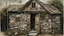 Placeholder: The image is a painting of an old, dilapidated stone building with a sloping roof and a wooden door. The building appears to be a small, abandoned structure with peeling paint and peeling walls. The door is made of wooden planks and has a rusty latch on the right side. The roof is covered in shingles and there is a small window on the left side of the door. In the background, there are trees and shrubs, and a dirt path leading up to the building. The sky is blue and there are a few clouds in the