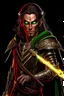 Placeholder: full length, mantle, black background, black with, holding a spear in his hand, dark green eyes, the character is not too close to the camera