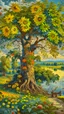 Placeholder: Bosch painting style, beautiful tree by the river , a field of sunflowers on both banks of the river