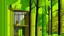 Placeholder: The image shows a modern architectural design featuring a brown-hued house with large glass windows, surrounded by lush greenery and a person in a yellow dress interacting with a tree. The main object is a two-story house with a textured brown exterior. It has large windows that reflect the surrounding landscape and a mirrored glass door. A slender birch tree stands in front of the house, complemented by patches of green grass and small plants. A lone figure, a woman in a loose yellow dress, is