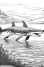 Placeholder: Outline art, no shading, full body shark in the river, black and white, low detail, --ar 9:11
