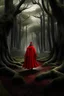 Placeholder: the main character Dante in a red robe is in an eerie ancient forest, a huge number of trees, roots coming out of the ground, which are a surreal mixture of doubts and fears.