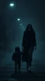 Placeholder: ,surrealism of the dark of a nightmare , hyper photorealistic, hyper detailed bright art color, high resolution, fog, octane render, tilt shift, HDRI Environment, all pictures dark gray, sad mother face walking with her son hand in hand both look at the ground