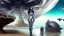 Placeholder: woman with dark hair in a silver robotic catsuit, standing on a futuristic alien beach with a crashed spaceship in the water, with mushrooms with octopus tentacles flying in the air