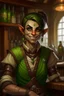 Placeholder: Dungeons and dragons half orc tomboy. She has green skin and pointy ears. She is kind. She had a wide smile. She has short hair. She is strong. She is in a tavern. Realistic style