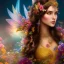 Placeholder: bright indigenous fairy, beautiful portrait, flowery landscape, light, sun