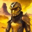 Placeholder: A portrait of a biker racer wearing a golden shiny armour biker like ironman, in a desert with a volcano background. Magic the gathering style art. Diesel punk.