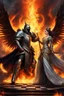 Placeholder: Create an awe-inspiring digital painting of a mythical duel between an infernal knight and a divine queen on an expansive chessboard. The knight, an imposing figure with armor that weaves darkness and flames, stands engulfed in smoldering embers and crackling fire. Opposite him, the queen emanates a celestial aura, her wings unfurling with brilliant light and pure energy. They confront each other amidst a dynamic backdrop of a futuristic city skyline, with stormy clouds overhead and bolts of lig