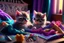 Placeholder: Hand sewn and embroidered extremely cute kittens, threads, sewing needles and a pair of scissors on a table on lace blanket in a luxury bedroom, centre, bold colours elegant fantasy 8k beautiful dynamic lighting award winning imperial colors hyperrealistic ultra detailed 4K 3D high definition crisp quality colourful hdr in sunshine