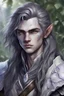 Placeholder: male, teen, dnd changeling, grey skin, white iris, realistic, nature, long hair