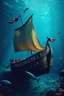 Placeholder: sea in spac a pirate ship without Ship's sail , sank under water laying on one side and sharks and fish swimming around