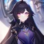 Placeholder: Clear focus,High resolution, Black long straight hair, Long bangs, and purple eyes, wearing a Genshin Impact outfit, Over realistic