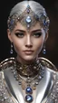 Placeholder: AI 3d photo realistic portrait of young woman, smiling, beautiful, shiny grey eyes, make up, Byzantine style, shiny baubles, ornate, large gemstones, shiny molten metalics, shiny wire filigree, silver hair, high definition, high res, octane render, 64k, 3d