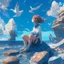 Placeholder: A girl is sitting on the edge of the rocks by the seashore and is meditating. The sky is blue with beautiful clouds and seagulls flying, digital art, anime, 4k, full details