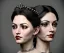 Placeholder: 1800s, witchy, pale, strong jawline, victorian, portrait, choker, black curly hair, thick eyebrows, full lips, big eyes, feminine nose, victorian dress, beautiful, silver tiara, hair headdress, metal beads