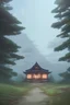 Placeholder: Ghibli style a small fairytale japanese country cottage at the end of a dirt road, surrounded by very tall pine trees