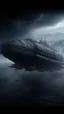 Placeholder: ,surrealism of the dark of a nightmare , hyper photorealistic, hyper detailed dark art color, high resolution, fog, octane render, tilt shift, HDRI Environment, all pictures dark gray, a long cigar shape spaceship hovering in the sky