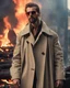 Placeholder: a young muscular man who looks like hans gruber wearing a trench coat and red sunglasses staring with an irritated look on his face standing in front of a fire