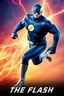 Placeholder: 1/4 side view, looking at the viewer, Movie Poster - "THE FLASH" - A massive, thick, extremely muscular, 7'8" tall man, ((skintight, formfitting, long-sleeved, Blue spandex bodysuit:1.5)), ((Silver knee-high boots:1.5)), ((Silve wrist gauntlets, blue fingerless gloves, silver, double holstered utility belt:1.5)), ((skintight, formfitting, blue spandex helmet with blue eye disguise,:1.5)), Running, multicolored lightning emanating from his body, an overly exaggerated muscular stature