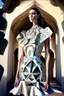 Placeholder: model with dress printed in 3D inspired by trullo, palm and orchids high tech