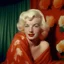 Placeholder: marilyn monroe,with white hair and rosy cheeks, no make up, disheveled, doll face, the style of Cecil beaton, a orange scarf around her shoulders, in a hotel with flowered wallpaper