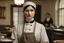 Placeholder: ww1 woman cook talking close-up standing up looking to the camera, ww1 mansion kitchen background