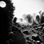 Placeholder: A striking quality Kodak photograph captures a wasteland with monsters and group of plants, creepy, details of the dust very accentuated, glossy organic mass, adorned with minerals and rocks. Bathed in intense light, eerie, Max Ernst style, black sun, fog