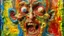 Placeholder: Grotesque character emerging from textured encaustic surface, deformed facial features sculpted in hot wax, exaggerated gestures frozen in the translucent medium, abstract patterns scratched away revealing intense colors, overlapping layers creating visual depth, fusion of humor and ancient technique, cartoonish surrealism style