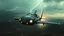 Placeholder: a high definition screen shot of a jet-fighter vw-beetle, retrofuturistic, phototrealism, in flight, one subject, thunderstormncc 1701 enterprise Macabre Rapture End of days Revelation scene,