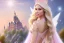 Placeholder: castle in background, beautiful, soft, big smiling, straight and long blonde hair, dewy and shiny atmosphere, diamond crown, long fairy wings in the back, full head, pink veil clothes