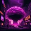 Placeholder: pos-apocalyptic cyberpunk city with destroyed buildings, a plubicity showing the number "2222", illuminated purple neon, dark, high contrast, at distance a gigantic atomic mushroom cloud from a nuclear device, upfront a desesperate crow trying to escape from radiation