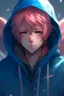 Placeholder: An anime man with messy short pink hair and narrow blue eyes wearing a hooded jacket. He has feathered wings. Realistic.