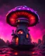 Placeholder: An illogical floating mushroom house on a clear moonless night. . Bright Bold Bright Colors, pink red orange black, Starry Dark cosmic interstellar. Detailed Matte Painting, deep color, fantastical, intricate detail, splash screen, hyperdetailed, insane depth, concept art, 8k resolution, trending on Artstation, Unreal Engine 5, color depth, backlit, splash art, dramatic, High Quality Whimsical Fun Imaginative Bubbly, perfect composition