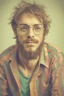 Placeholder: hippie young man with glasses of colours and poor and short short short and poor hair on the head with receding hairline. Farsightedness glasses with big eyes. Shirt beard in the head. Vintage look and feel like photo style-of the 70s