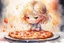 Placeholder: beautiful composition, a blonde chibi girl dreaming about pizza and cake, melting watercolor and black ink outlines on wet paper, soft, shading strokes, in sunshine, ethereal, otherwordly, cinematic postprocessing, bokeh, dof