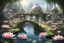 Placeholder: cosmic future city in space, small lake with water lilies and river with very small waterfall in the watercourse, very pretty little flowered bridge with pink roses, very small fairies with pretty transparent wings, (very pretty shrubs++), grass well-cut green and small flowers of all colors, small dome-shaped house
