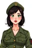 Placeholder: In a realistic, non-anime, vintage cartoon style: Bust shot of 35-year old, chubby Scandinavian dark-haired lady with green eyes and very thick lips who looks hot in modern military uniform with a beret