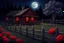 Placeholder: Dry trees, night, full moon, cabin, yard with red flowers, fence, background pc